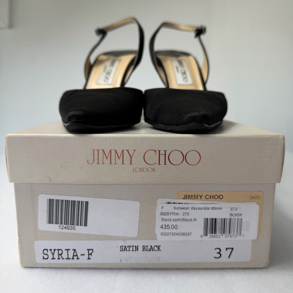 Jimmy Choo Syria Slingback Heels Black Satin Pointed Toe 37 85mm Classic - Picture 8 of 14